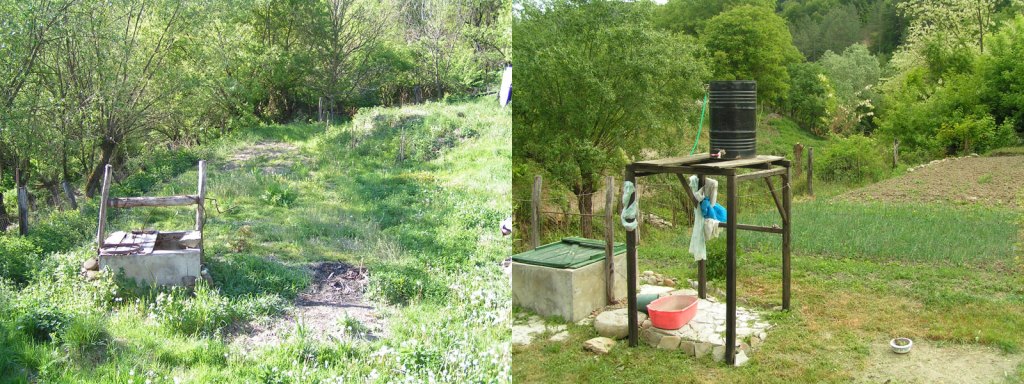 În dreapta: cum am găsit partea inferioară a grădinii în mai 2009, în stânga: cum arată acum, în mai 2013